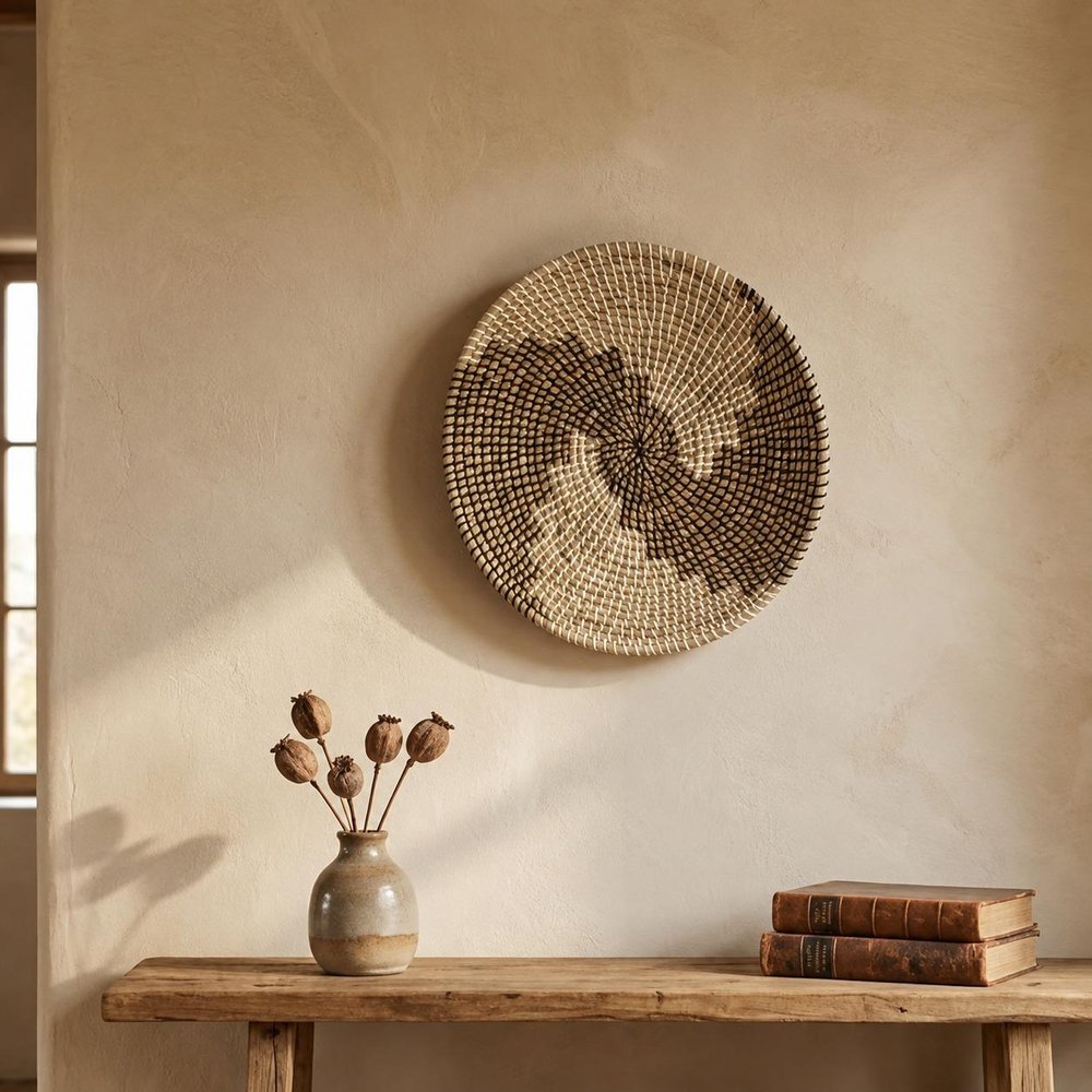 18" X 18" Natural Black And White Round Geo Seagrass Hanging Dimensional Sculpture