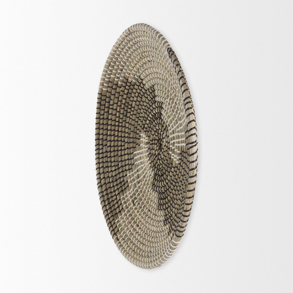 18" X 18" Natural Black And White Round Geo Seagrass Hanging Dimensional Sculpture