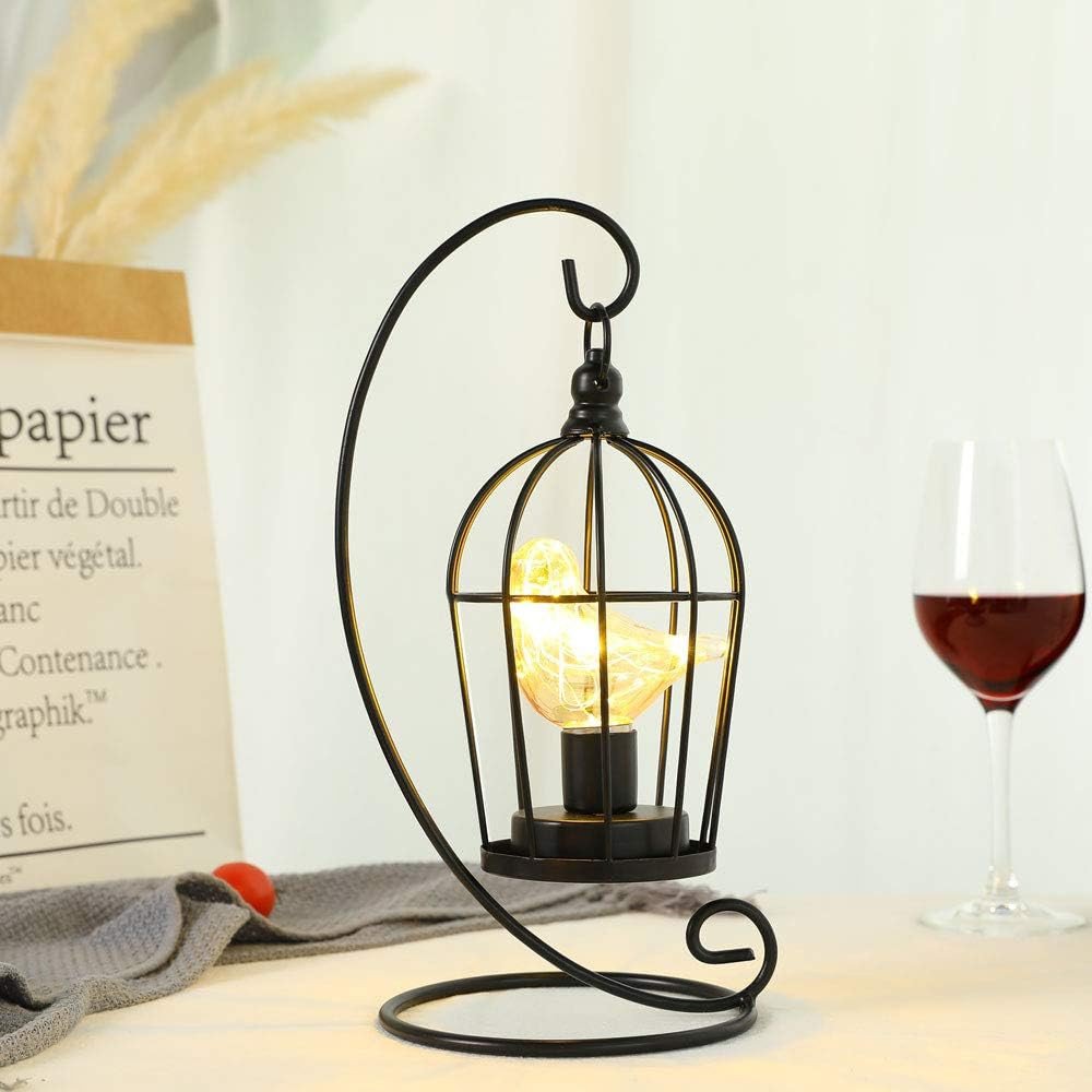 13" Black Metal Pierced Novelty Animals Battery Powered Desk Lamp With Cage Shade