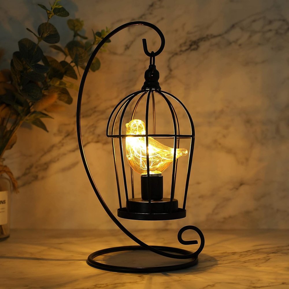 13" Black Metal Pierced Novelty Animals Battery Powered Desk Lamp With Cage Shade