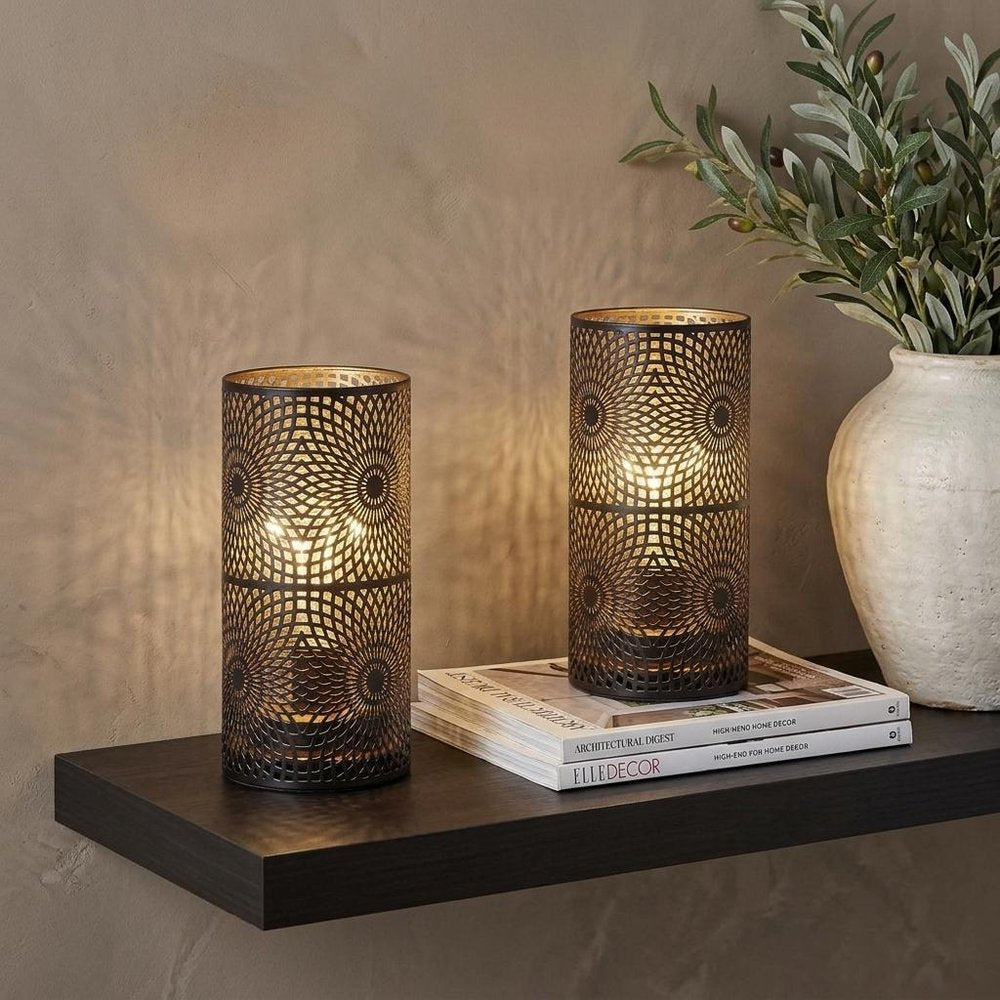 8" Black Geometric Battery Powered Desk Lamp With Cylinder Shade