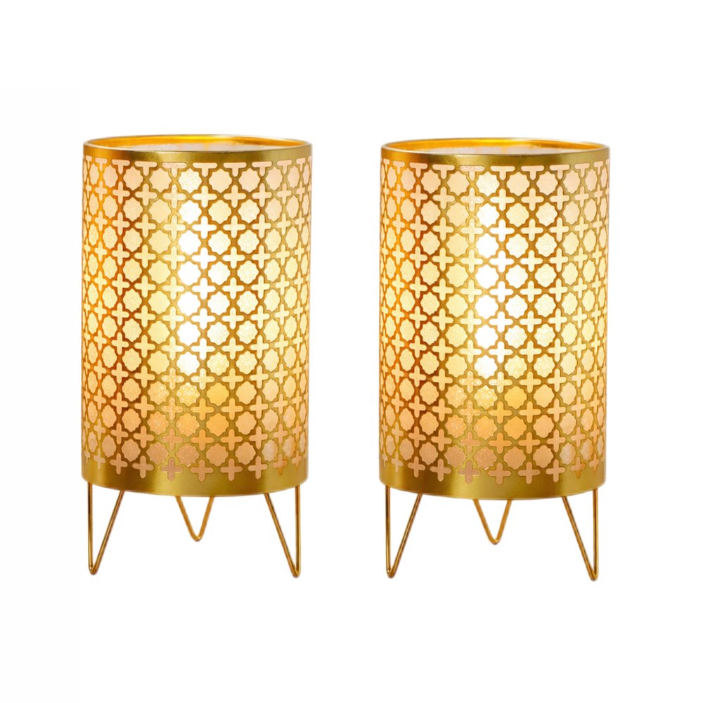 Set of Two 9" Gold Two Light Novelty Battery Powered Desk Lamps With Cylinder Shades