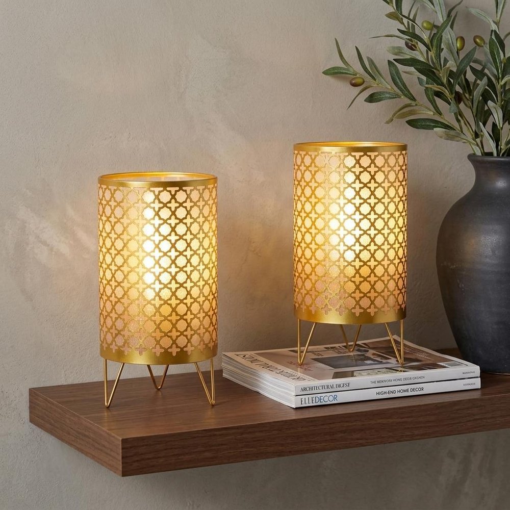 Set of Two 9" Gold Two Light Novelty Battery Powered Desk Lamps With Cylinder Shades