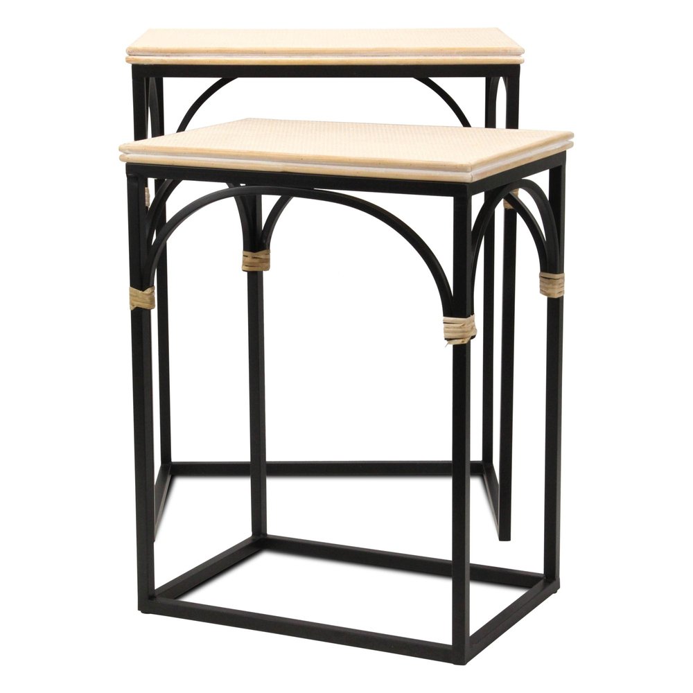 Set of Two Natural And Black Distressed Solid Wood And Steel Frame Nested Tables