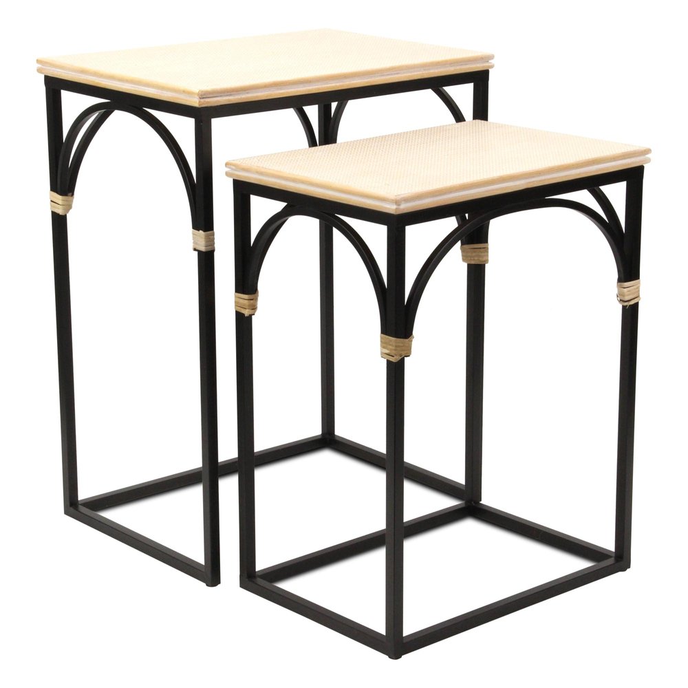 Set of Two Natural And Black Distressed Solid Wood And Steel Frame Nested Tables