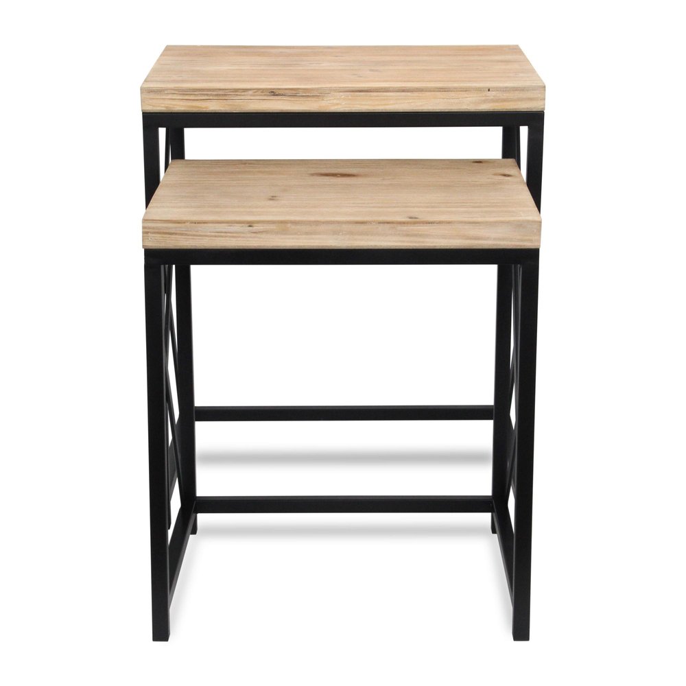 Set of Two Light Brown and Black Distressed Solid Wood and Steel Nested Tables