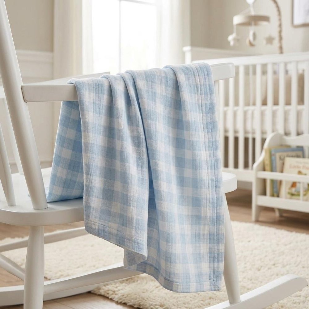 28" X 36" Blue And White Cotton Gingham Baby Blanket