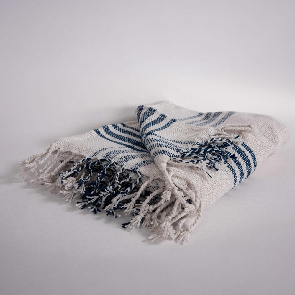 50" X 60" Ivory And Navy Blue Plaid Throw Blanket with Fringe