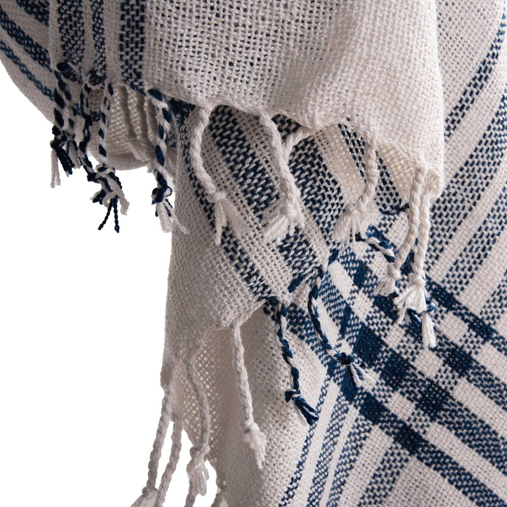 50" X 60" Ivory And Navy Blue Plaid Throw Blanket with Fringe