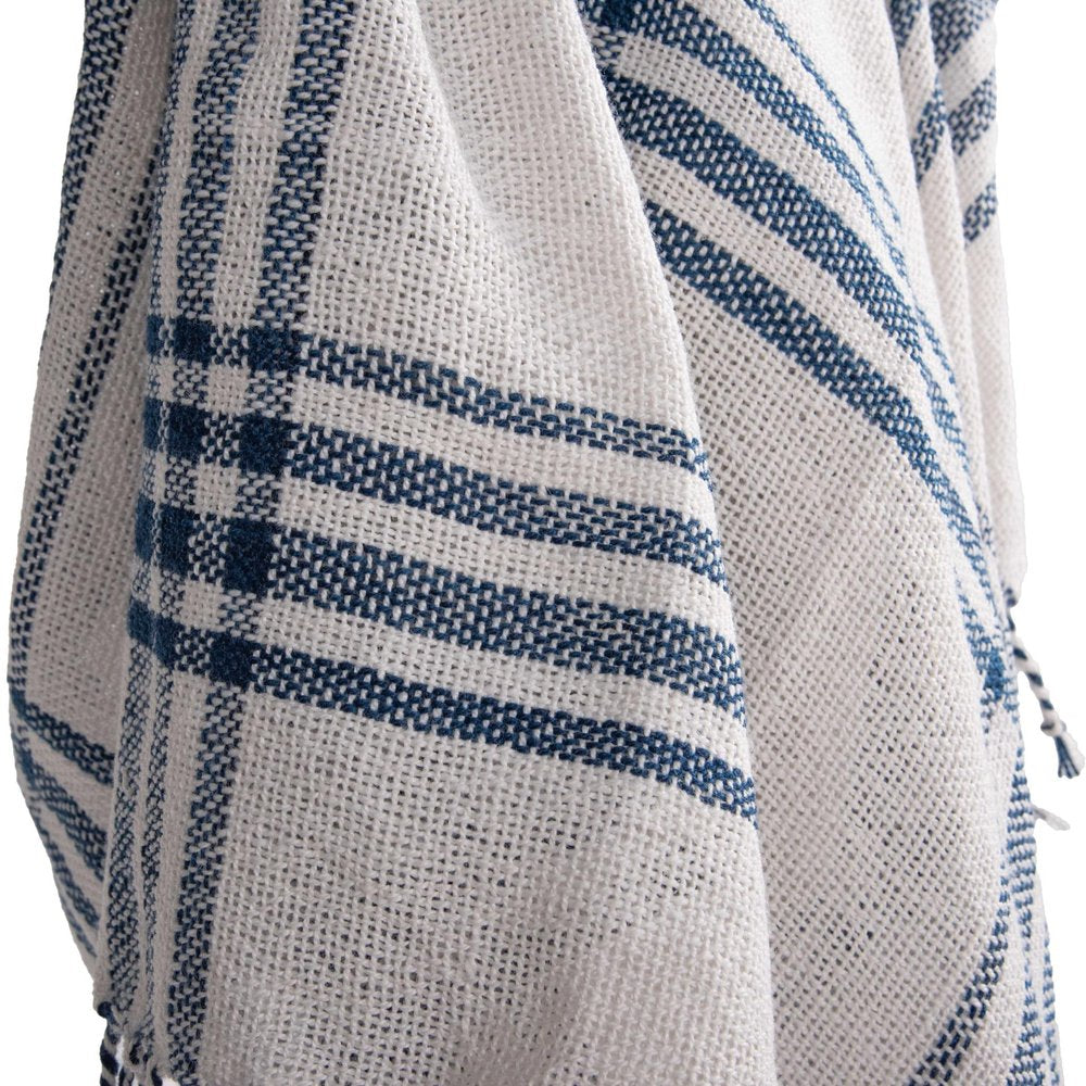50" X 60" Ivory And Navy Blue Plaid Throw Blanket with Fringe