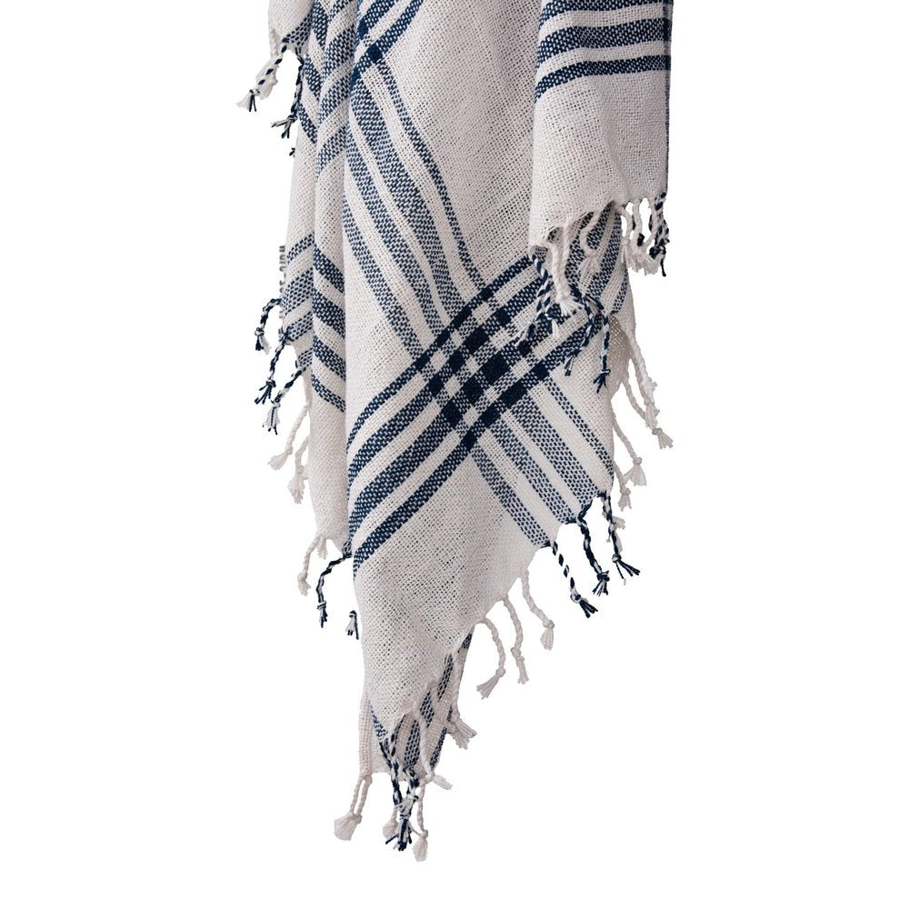 50" X 60" Ivory And Navy Blue Plaid Throw Blanket with Fringe