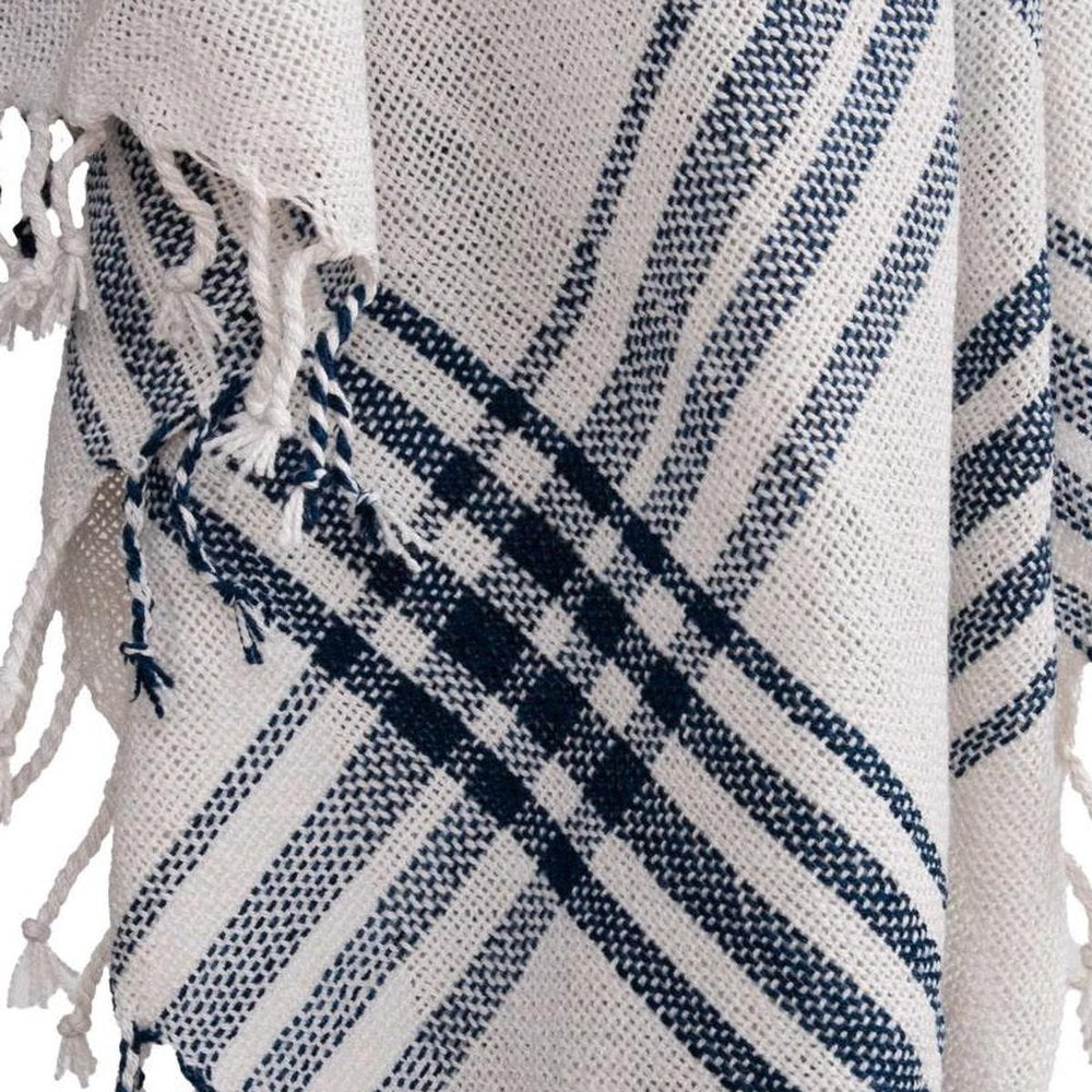 50" X 60" Ivory And Navy Blue Plaid Throw Blanket with Fringe