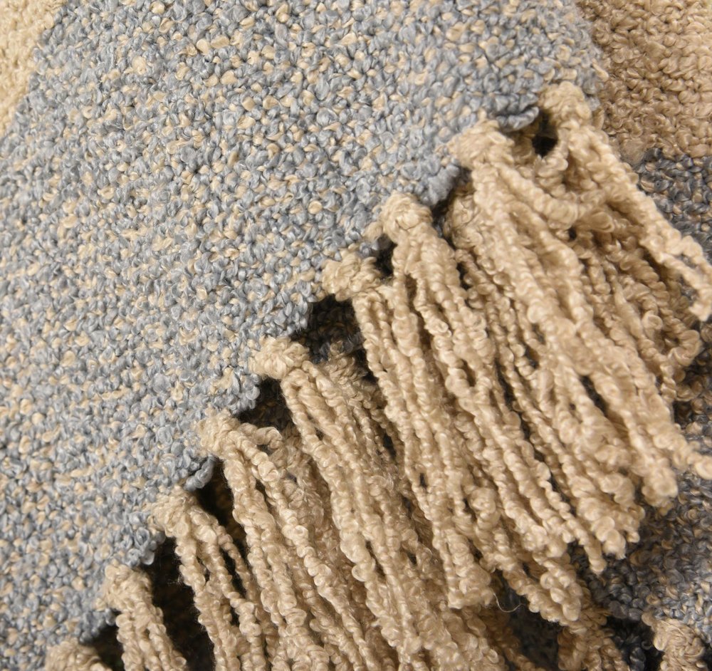 50" X 60" Natural Beige Slate Blue And Slate Gray Color Block Throw Blanket with Fringe