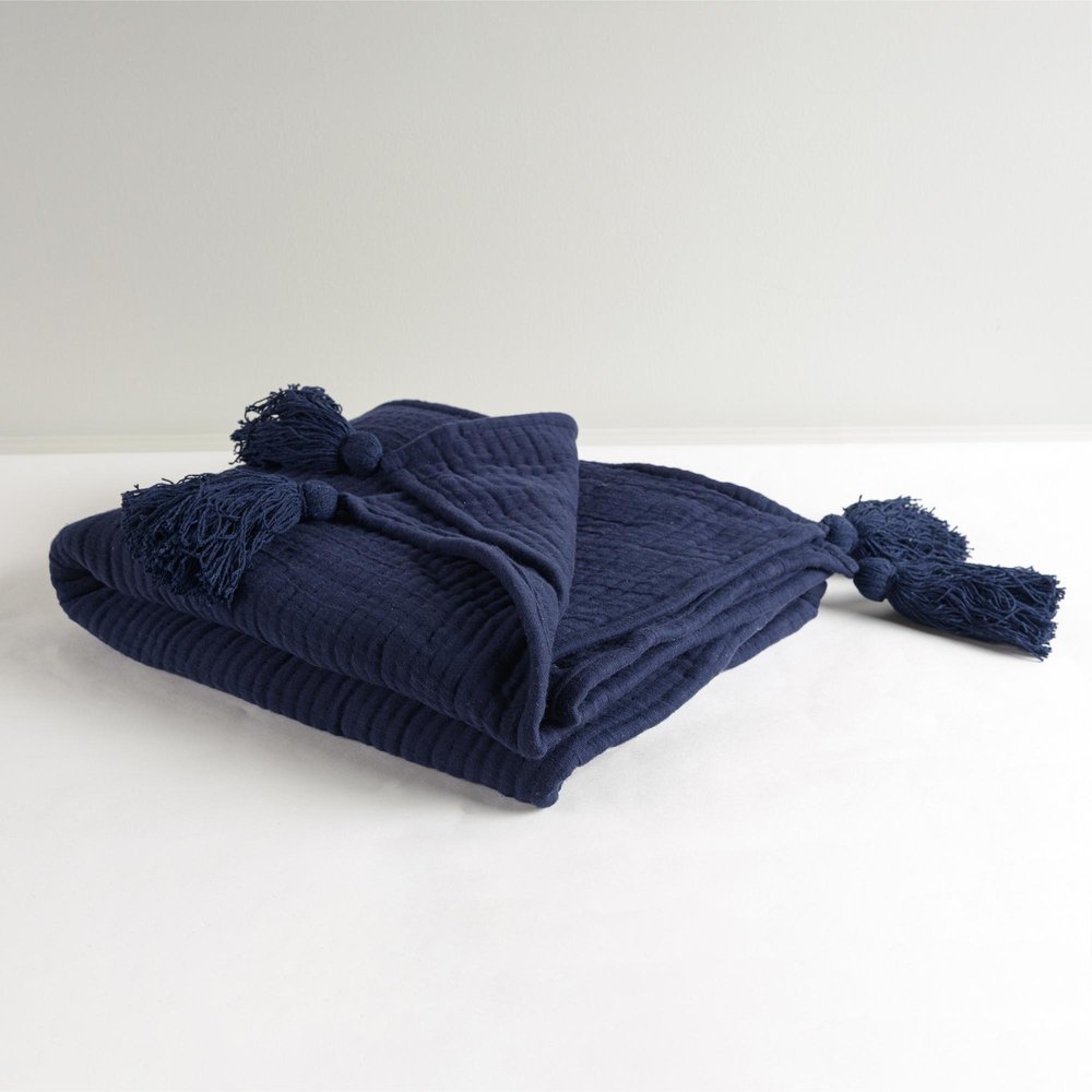 50" X 60" Navy Blue Cotton Throw Blanket with Tassels