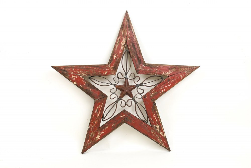 20" X 20" Red And Brown Wood And Iron Star Hanging Dimensional Sculpture
