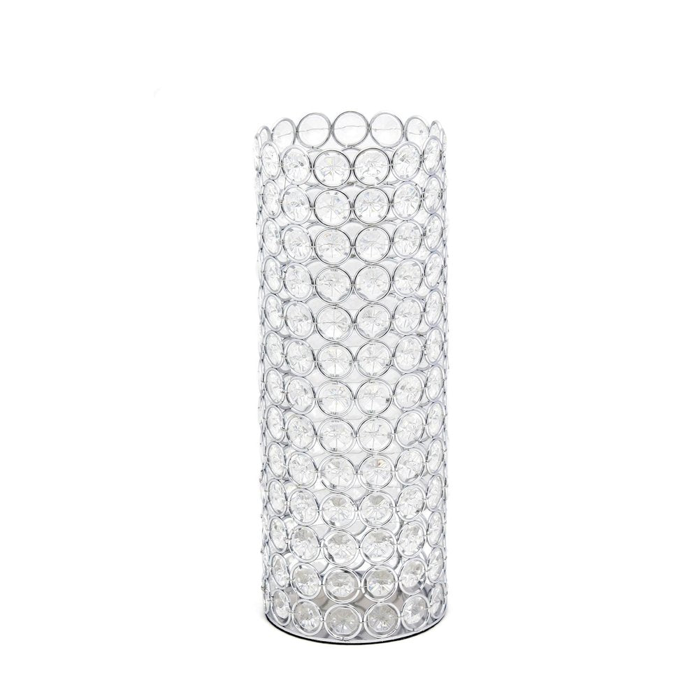 11" Clear And Silver Crystal And Metal Cylinder Table Vase With Faux Crystals