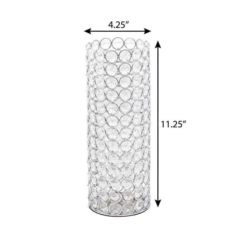 11" Clear And Silver Crystal And Metal Cylinder Table Vase With Faux Crystals