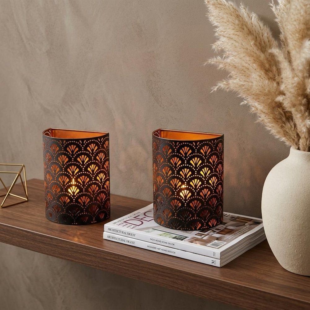 Set of Two 8" Bronze Geometric Battery Powered Desk Lamps With Cylinder Shades