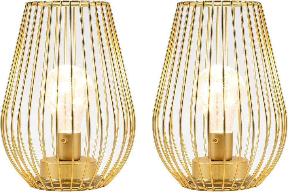 Set of Two 8" Gold Teardrop Battery Powered Desk Lamps With Cage Shades