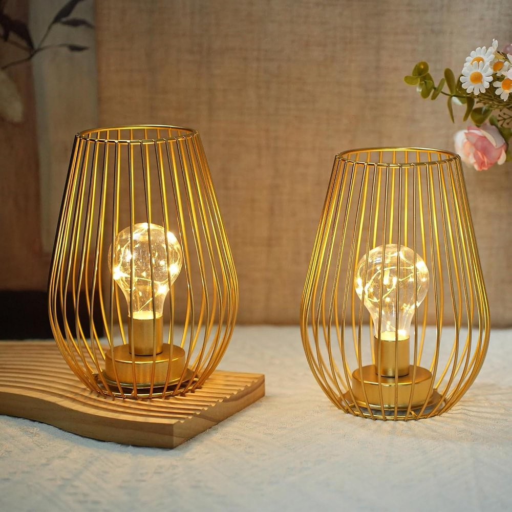 Set of Two 8" Gold Teardrop Battery Powered Desk Lamps With Cage Shades