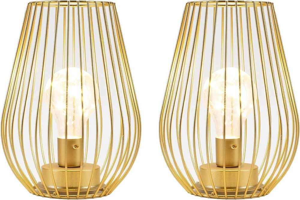 Set of Two 8" Gold Teardrop Battery Powered Desk Lamps With Cage Shades