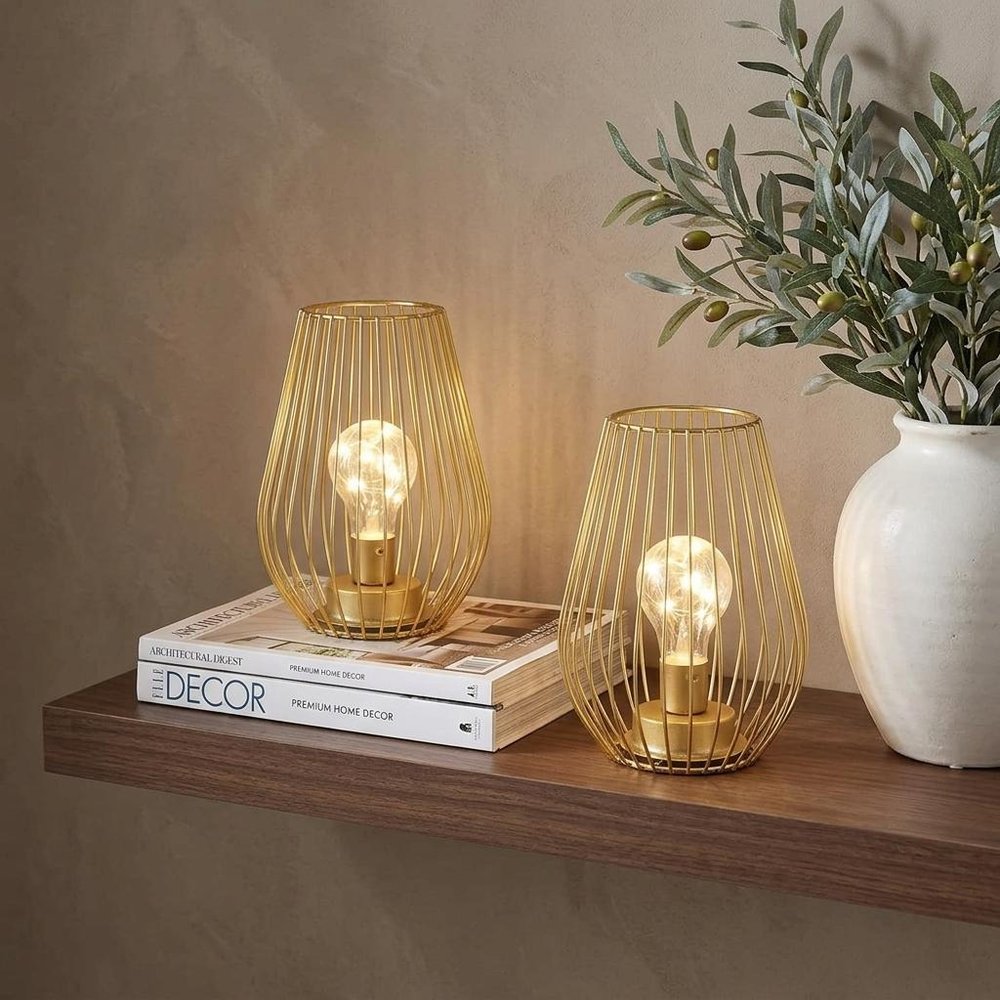 Set of Two 8" Gold Teardrop Battery Powered Desk Lamps With Cage Shades