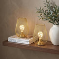 Set of Two 8" Gold Teardrop Battery Powered Desk Lamps With Cage Shades