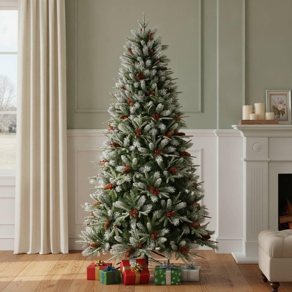 9' White Full Flocked Fir Christmas Tree With Decorations