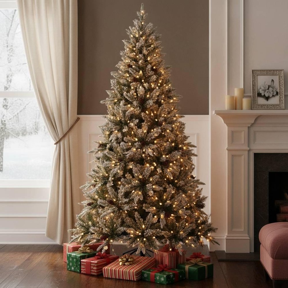 8' White Full Flocked Fir Christmas Tree With Decorations