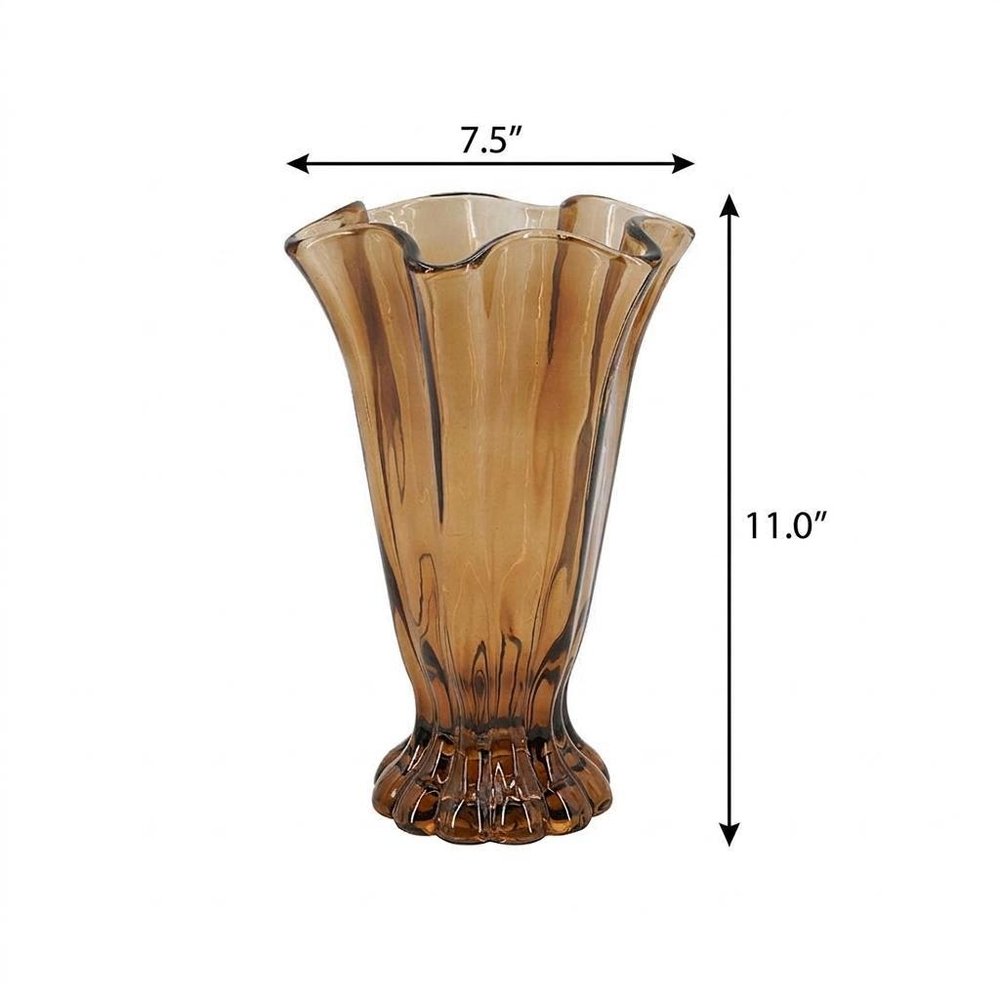 11" Amber And Brown Glass Trumpet Table Vase