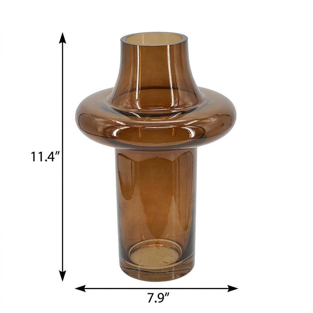 11" Amber And Brown Glass Cylinder Table Vase With Sculptural Details
