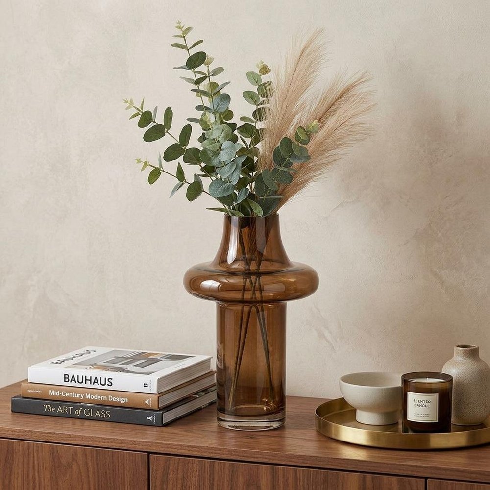 11" Amber And Brown Glass Cylinder Table Vase With Sculptural Details