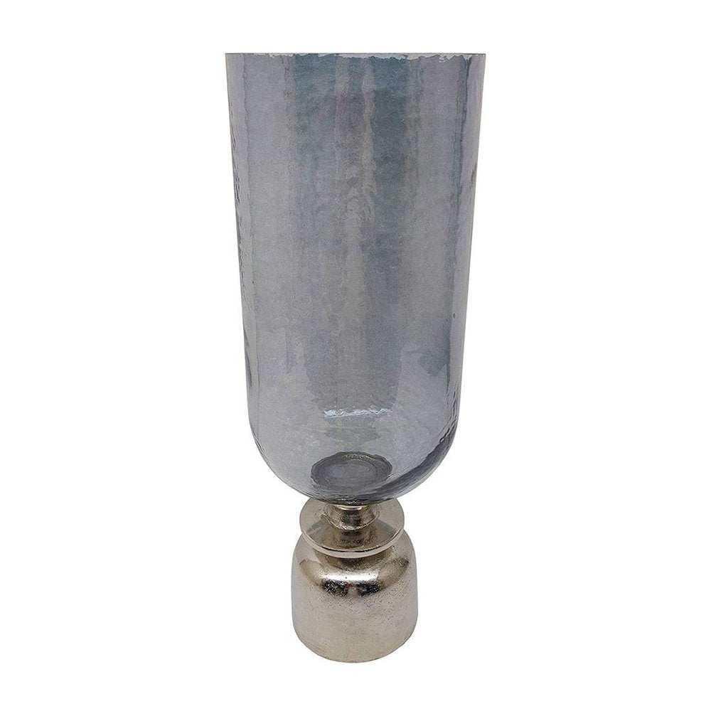 18" Slate Gray And Silver Glass Trumpet Table Vase With Sculptural Details