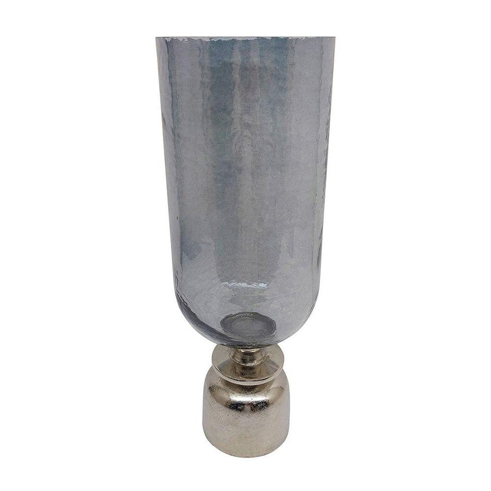 18" Slate Gray And Silver Glass Trumpet Table Vase With Sculptural Details