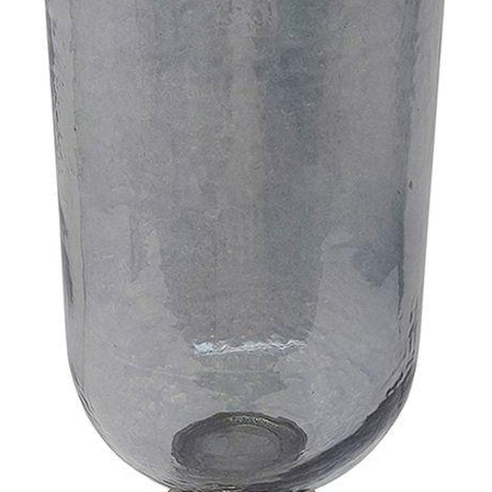 18" Slate Gray And Silver Glass Trumpet Table Vase With Sculptural Details