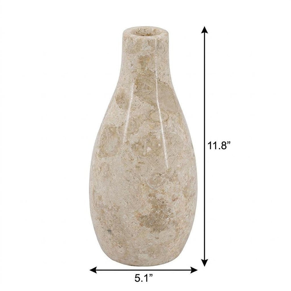 12" Cream And Beige Faux Marble Genuine Marble Bud Table Vase