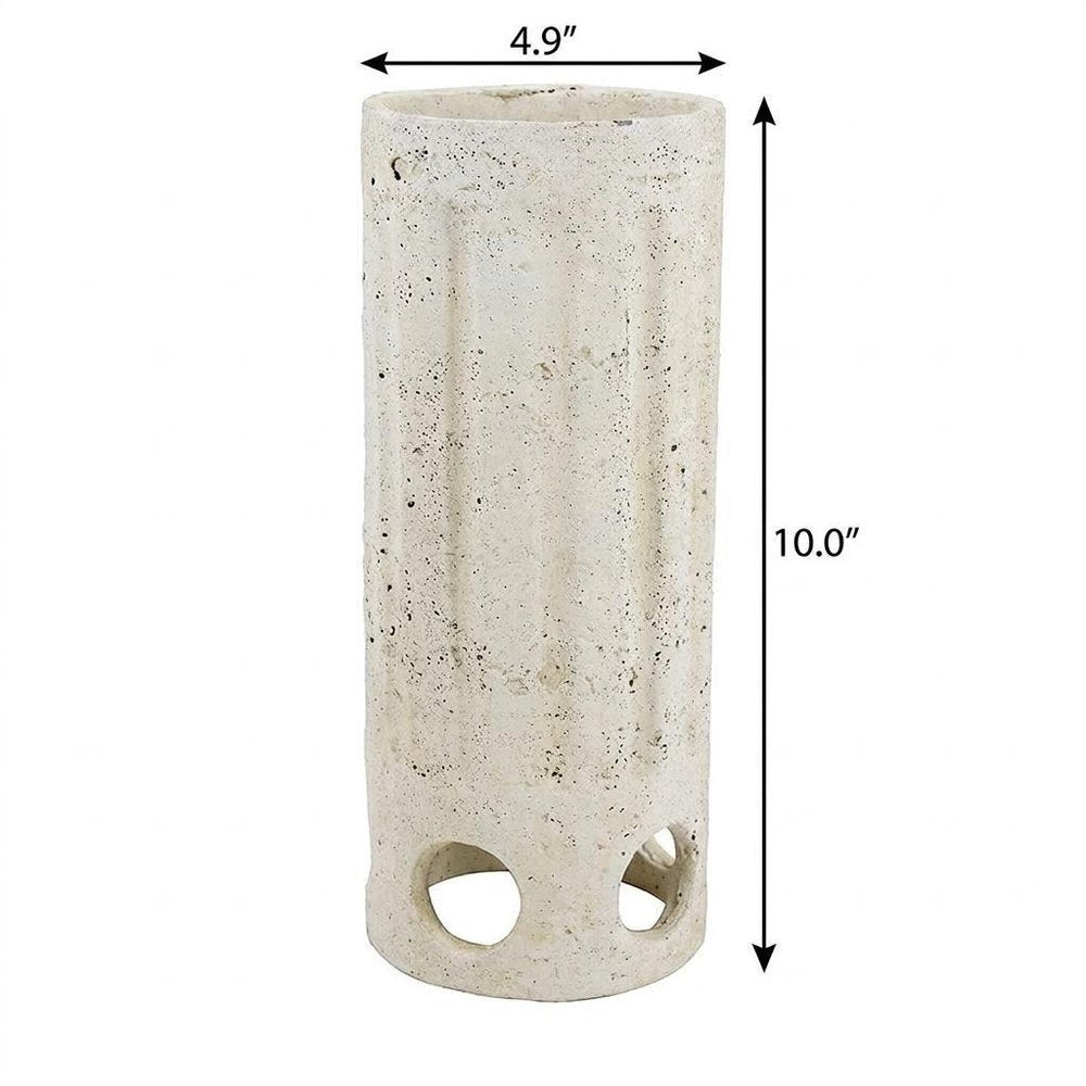 10" Cream Ribbed Concrete Cylinder Table Vase