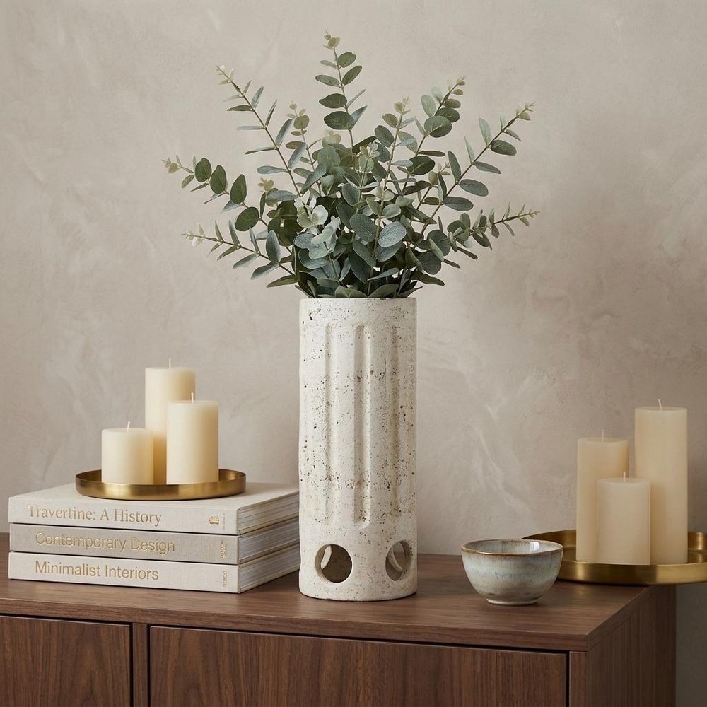 10" Cream Ribbed Concrete Cylinder Table Vase