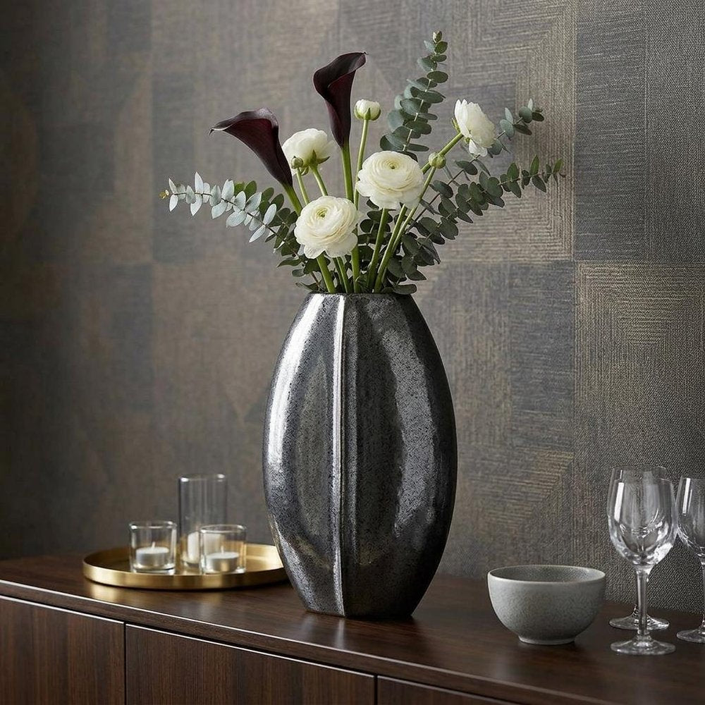 20" Black Ceramic Oval Table Vase