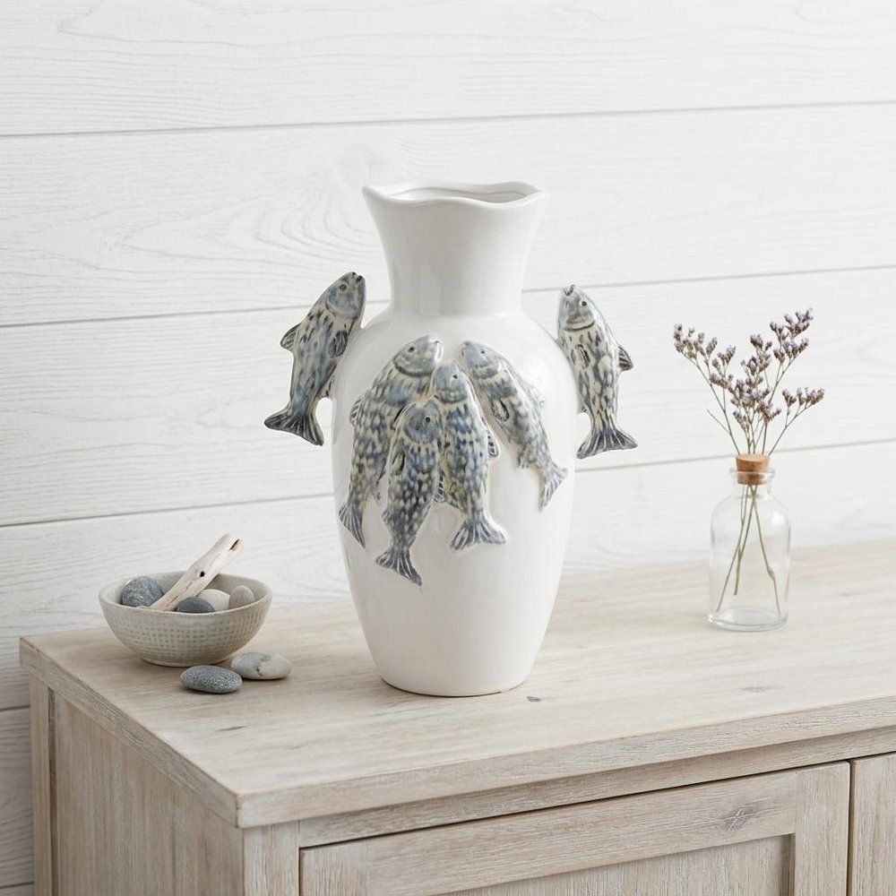 10" Slate Blue And White Animal Print Ceramic Urn With Sculptural Details