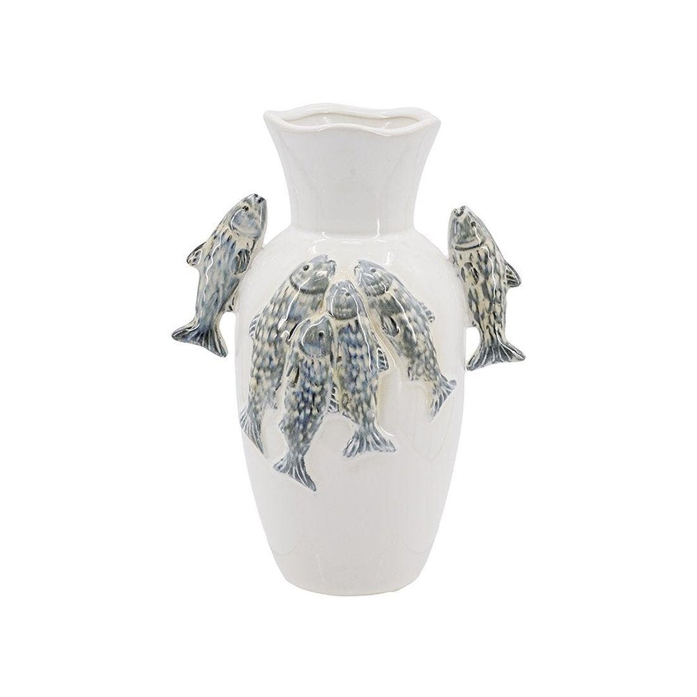 10" Slate Blue And White Animal Print Ceramic Urn With Sculptural Details
