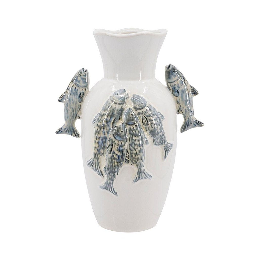 10" Slate Blue And White Animal Print Ceramic Urn With Sculptural Details