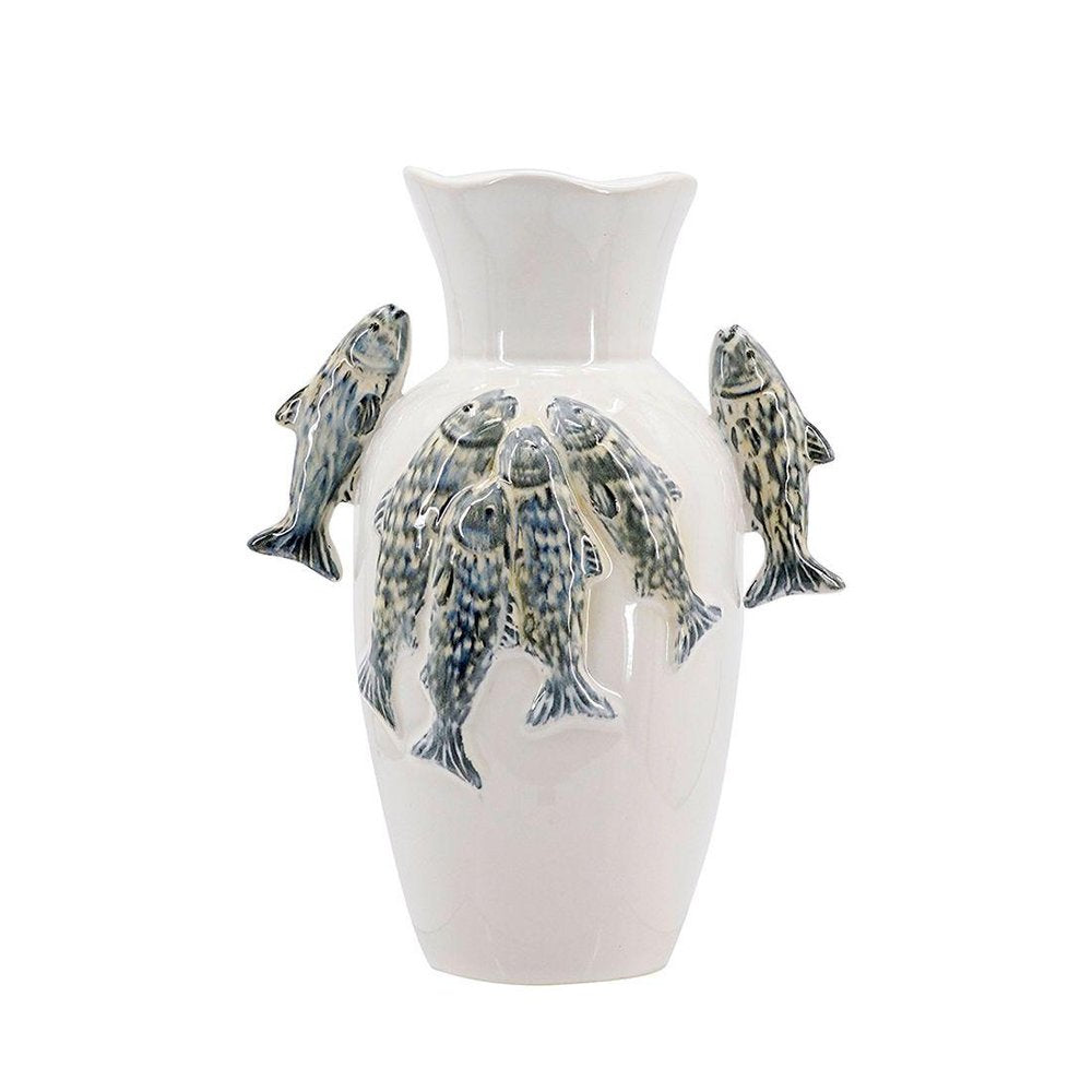 10" Slate Blue And White Animal Print Ceramic Urn With Sculptural Details