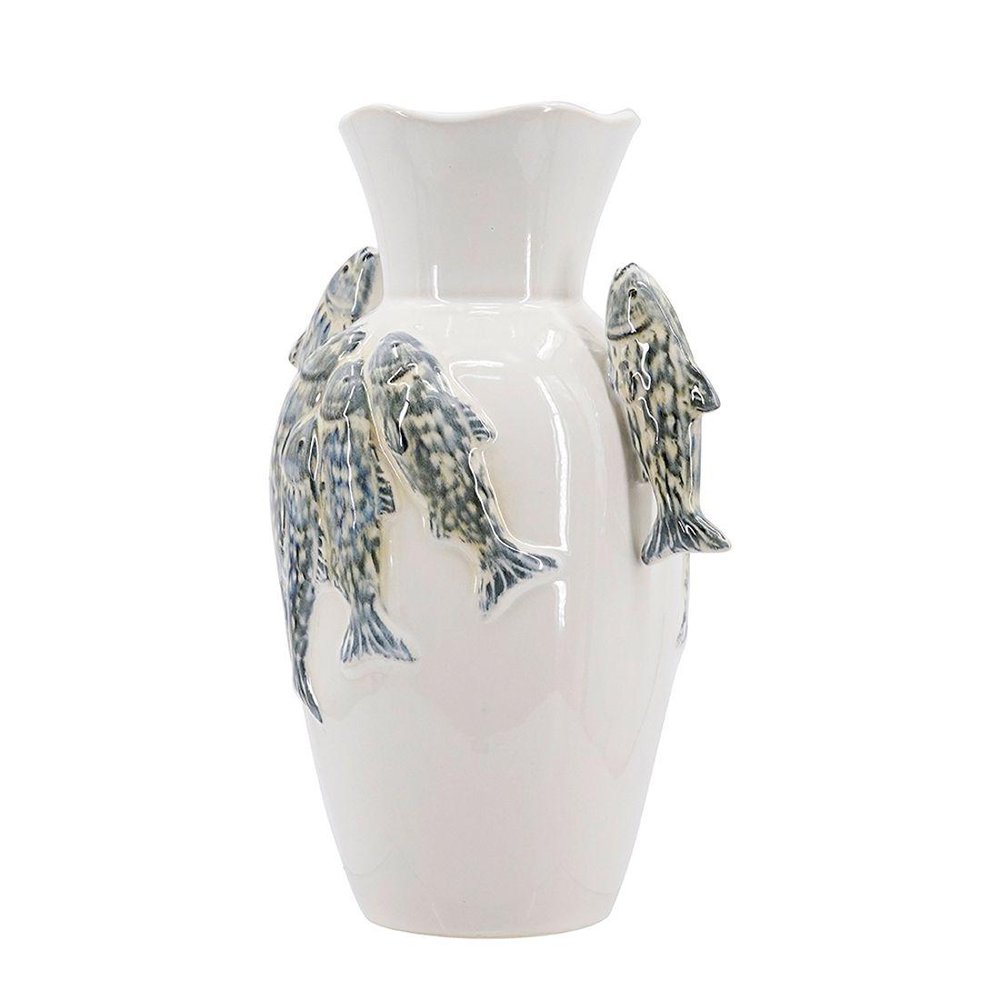 10" Slate Blue And White Animal Print Ceramic Urn With Sculptural Details