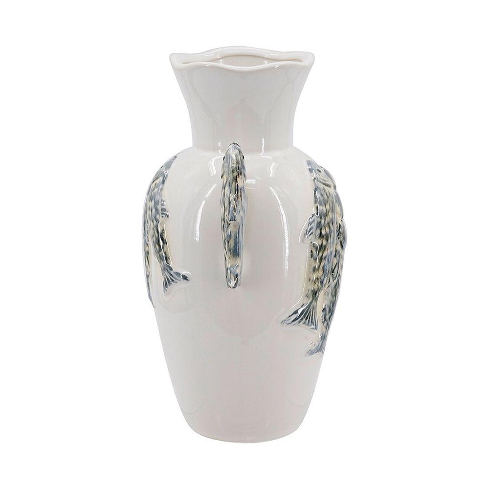 10" Slate Blue And White Animal Print Ceramic Urn With Sculptural Details