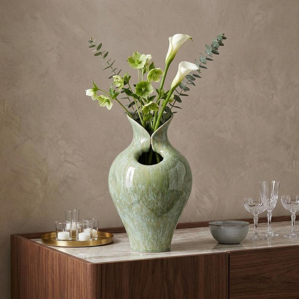 17" Sage Celadon And Cream Faux Marble Ceramic Urn With Sculptural Details