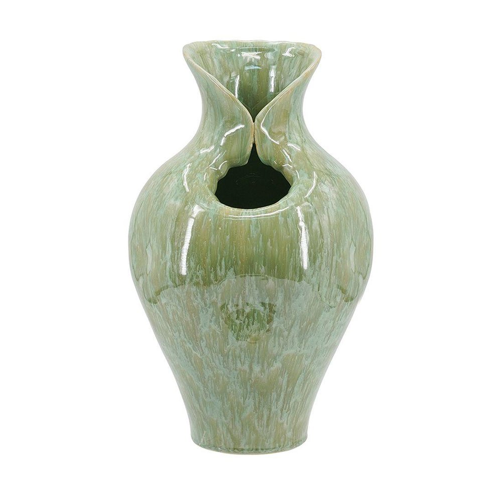 17" Sage Celadon And Cream Faux Marble Ceramic Urn With Sculptural Details