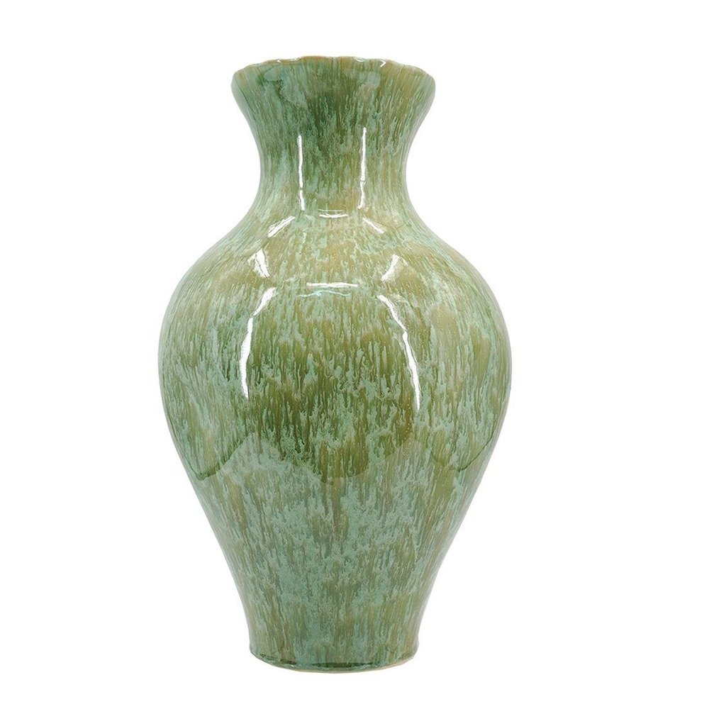 17" Sage Celadon And Cream Faux Marble Ceramic Urn With Sculptural Details