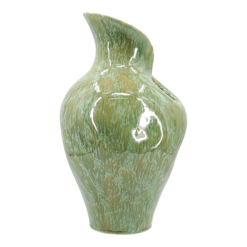 17" Sage Celadon And Cream Faux Marble Ceramic Urn With Sculptural Details