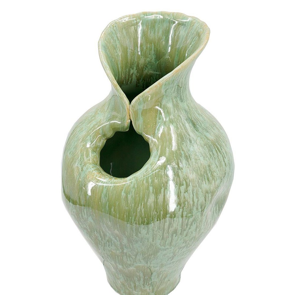 17" Sage Celadon And Cream Faux Marble Ceramic Urn With Sculptural Details